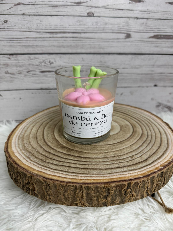 Vela aromática de soja Bambú y Cereza en vaso de cristal 220g